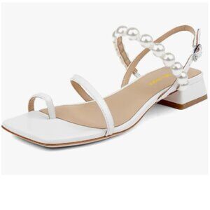 White Women's Trendy Pearls Square Toe Sandals Buckle Strap Low Block Heels Shoe